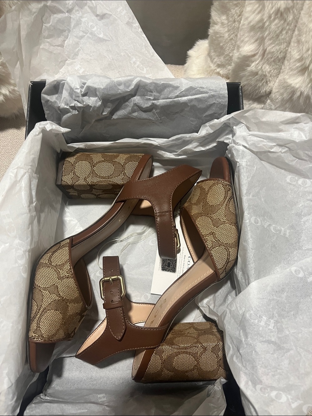 Coach Tan/Brown Signature Canvas Block Heel Sandals